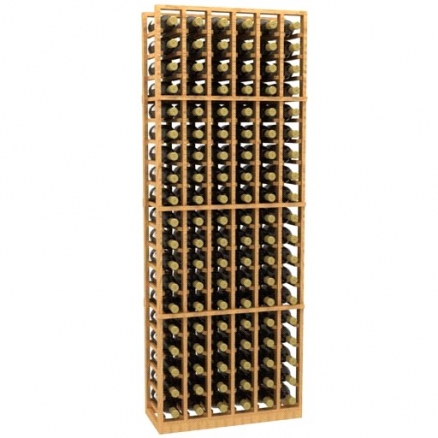 a wooden wine rack filled with many bottles of wine