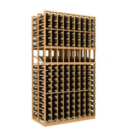 a wooden wine rack filled with many bottles of wine