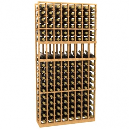 a wooden wine rack filled with many bottles of wine