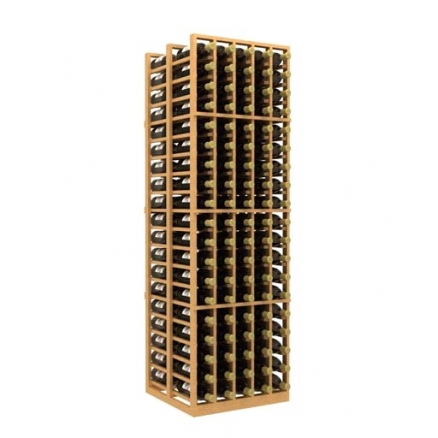 a wooden wine rack filled with many bottles of wine