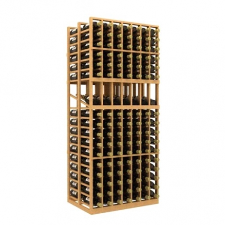 a wooden wine rack filled with bottles of wine