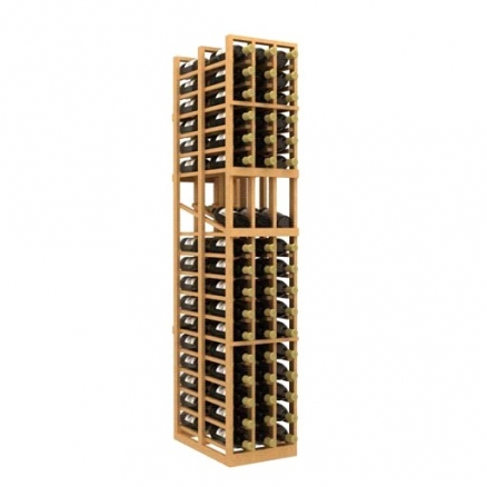 a wooden wine rack filled with bottles of wine on a white background .