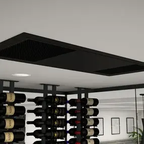 Ductless wine rack system with ceiling-mounted cooling units