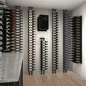 Self Contained wine rack system with multiple wine bottles and a cooling unit