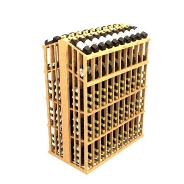 a wooden wine rack filled with bottles of wine on a white background .