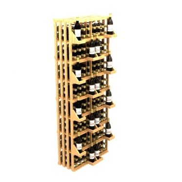 a wooden wine rack filled with bottles of wine on a white background .