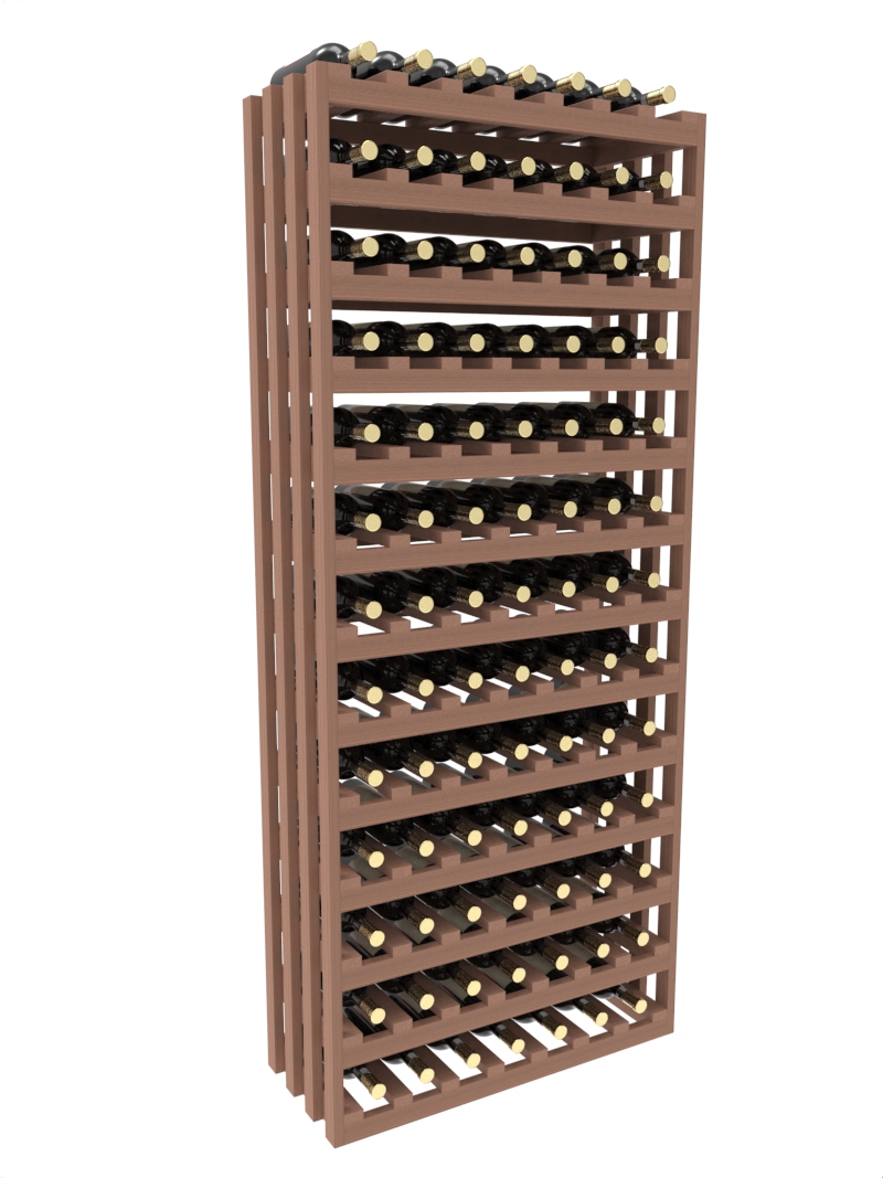 a row of wooden wine racks filled with bottles of wine