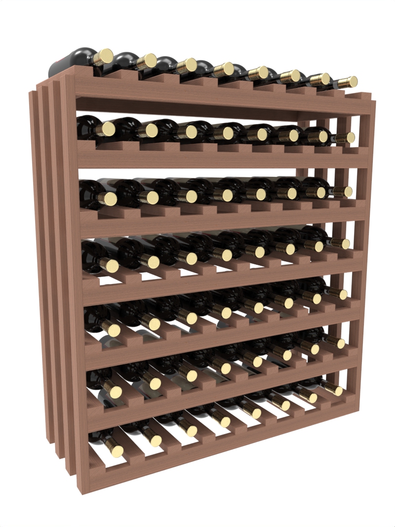 a row of wooden wine racks filled with bottles of wine