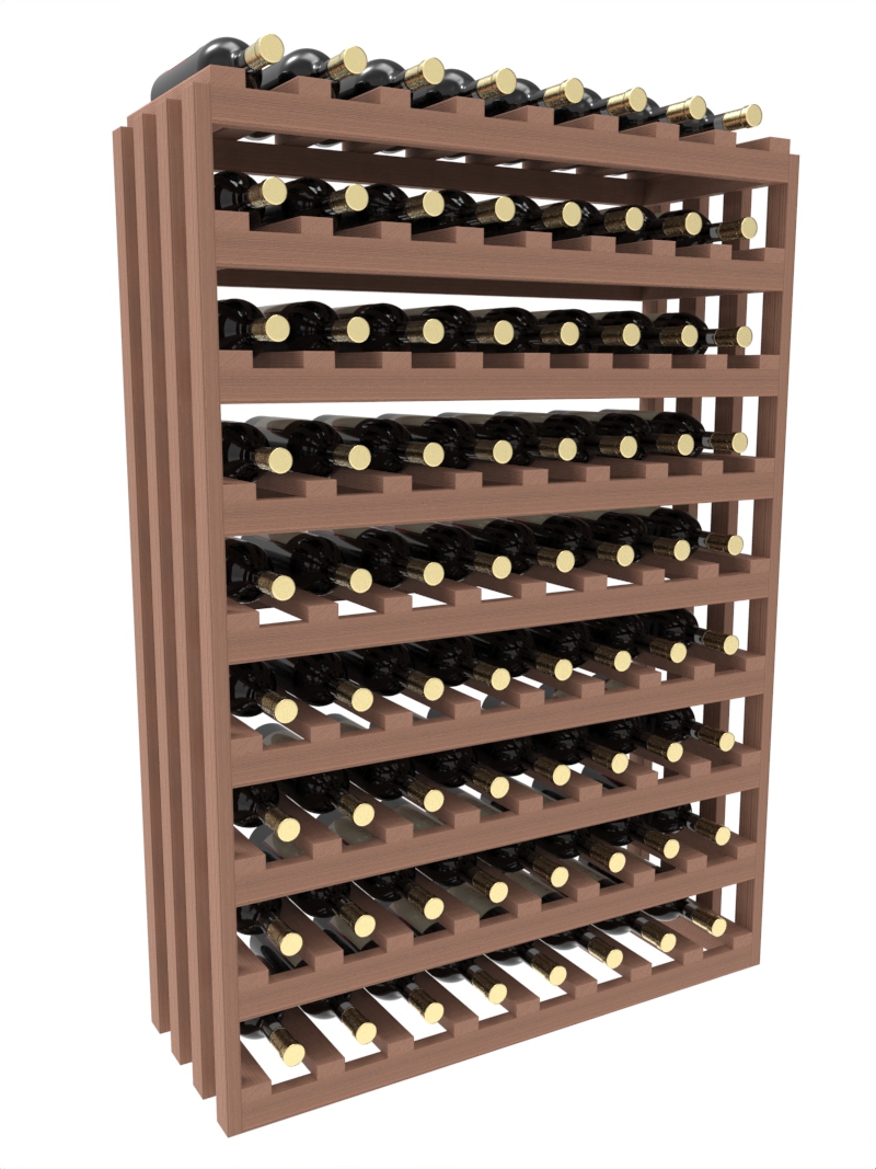 a row of wooden wine racks filled with bottles of wine